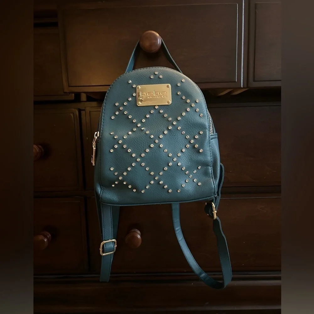 Bebe Teal Rhinestone Backpack Purse